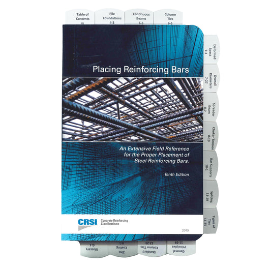 Book cover of Placing Reinforcing Bars 10th Edition showing steel reinforcement grids with blue technical background and tabs visible