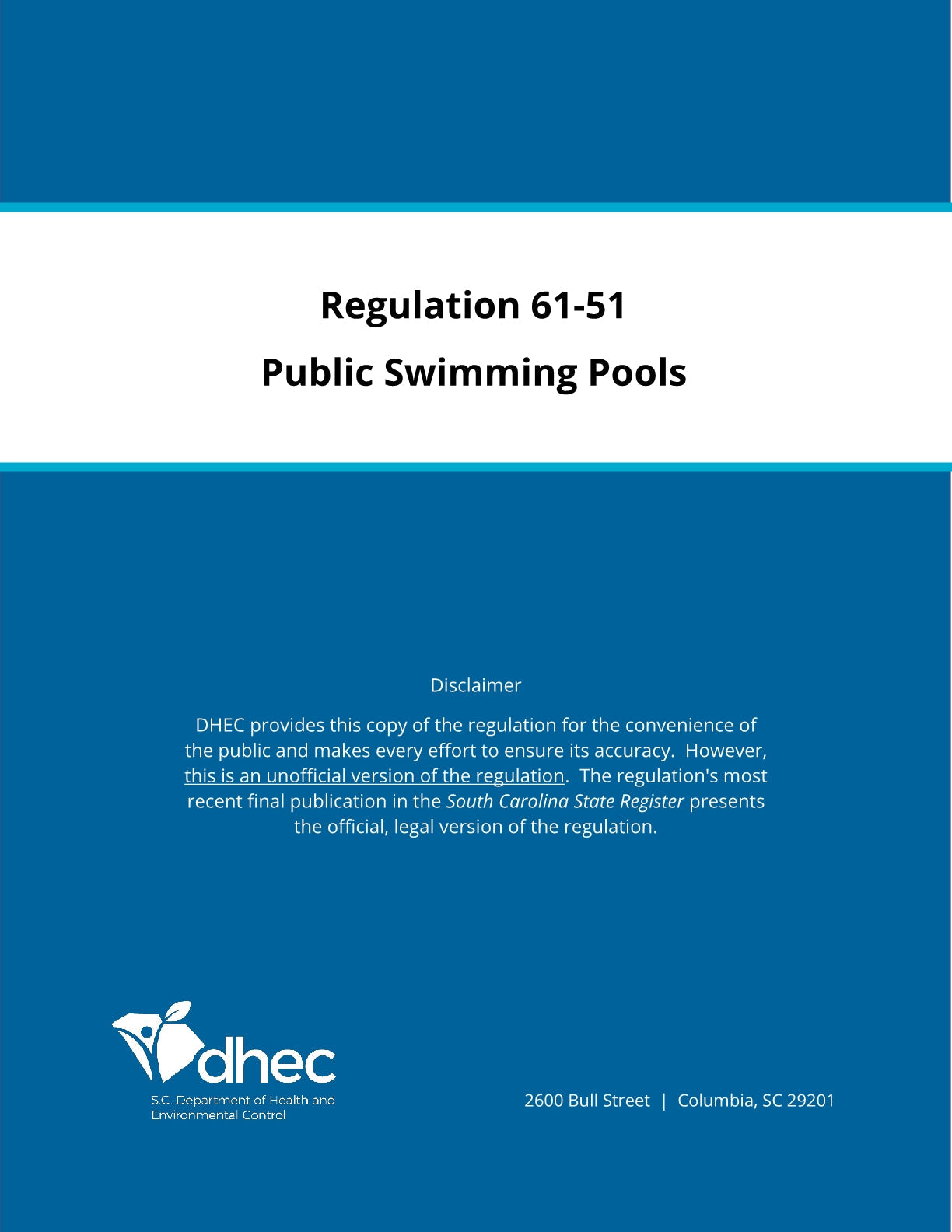 Cover page of Regulation 61-51 for public swimming pools by SC Department of Health and Environmental Control