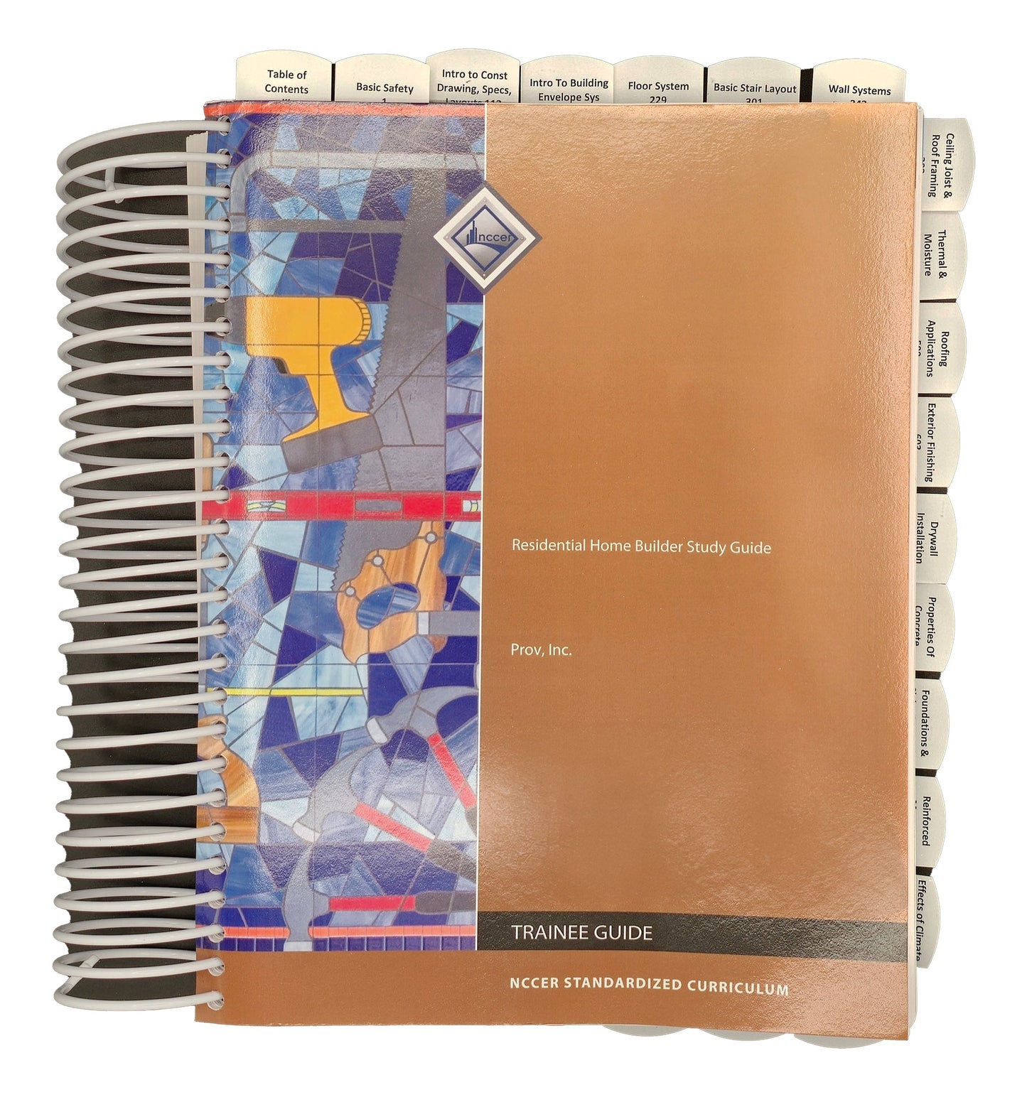Spiral-bound Residential Home Builder Study Guide with section tabs and construction tool illustrations on glossy cover
