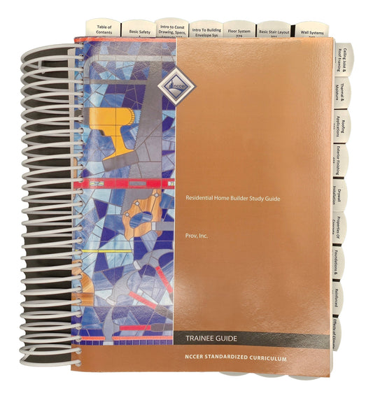 Spiral-bound Residential Home Builder Study Guide with section tabs and construction tool illustrations on glossy cover