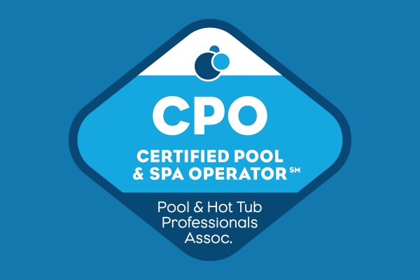 Badge of Certified Pool & Spa Operator from Pool & Hot Tub Professionals Association on blue background