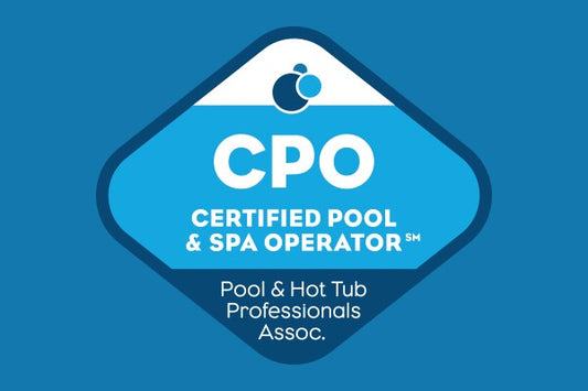 Badge of Certified Pool & Spa Operator from Pool & Hot Tub Professionals Association on blue background