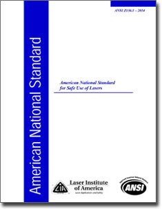 Cover of the 2014 ANSI American National Standard for Safe Use of Lasers with blue stripe and certification logos