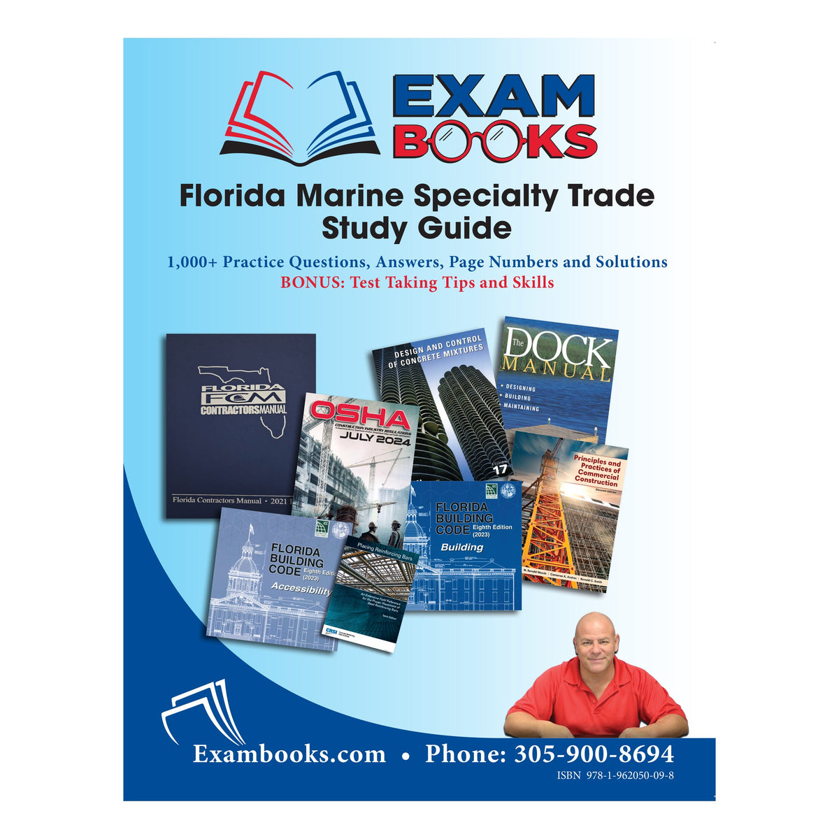 Cover of Florida Marine Specialty Trade Study Guide with reference manuals, practice questions, and a man in red shirt