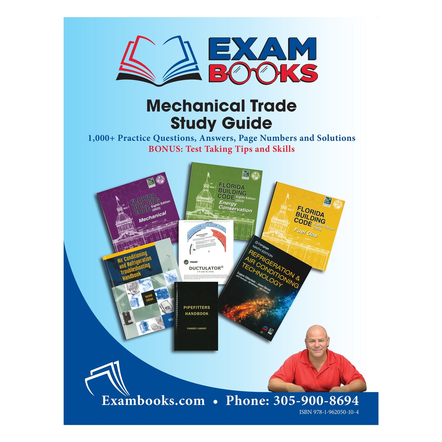 Cover of Mechanical Trade Study Guide with multiple reference books and a smiling man on blue background