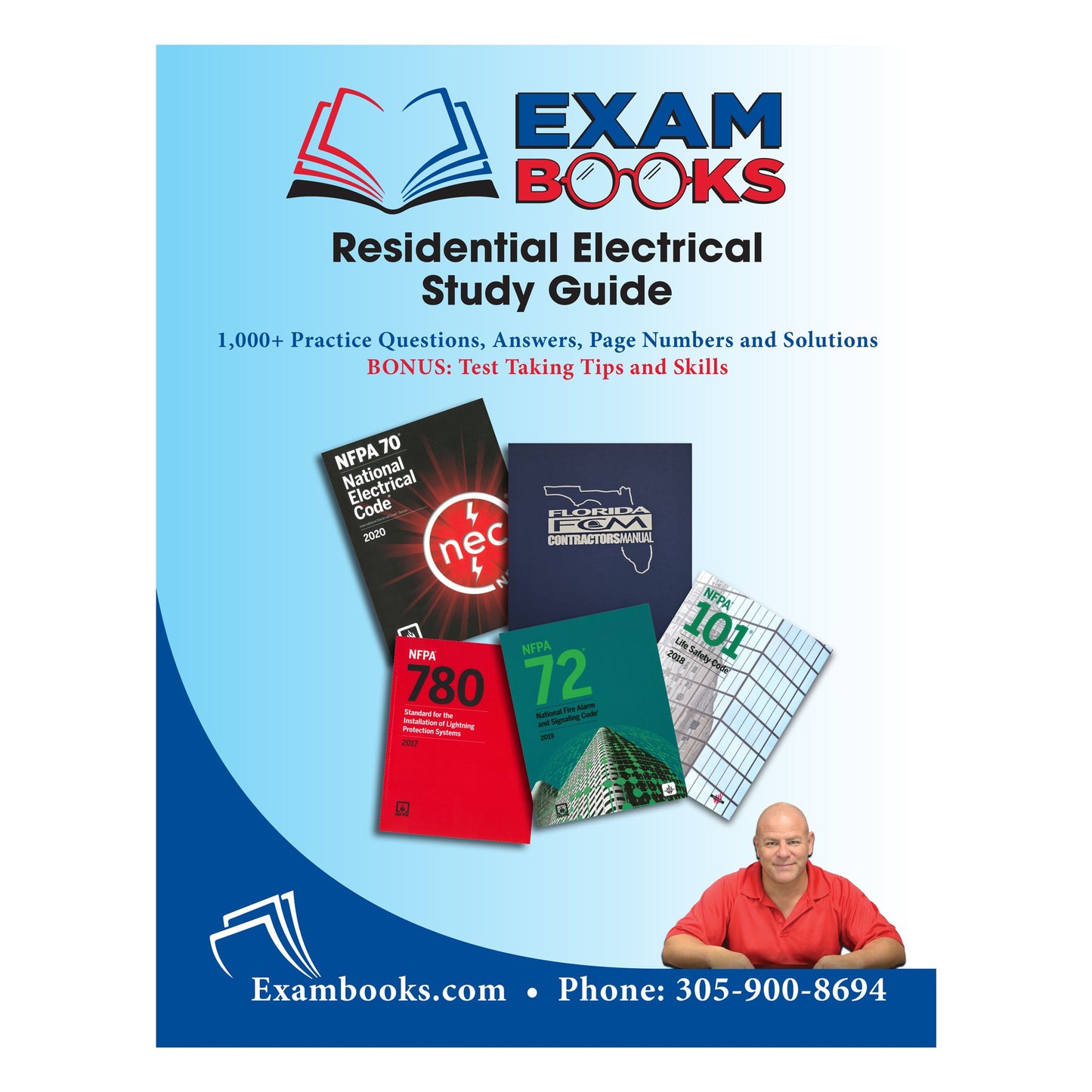 Cover of Residential Electrical Study Guide with practice questions, reference books, and a man in red shirt on blue background