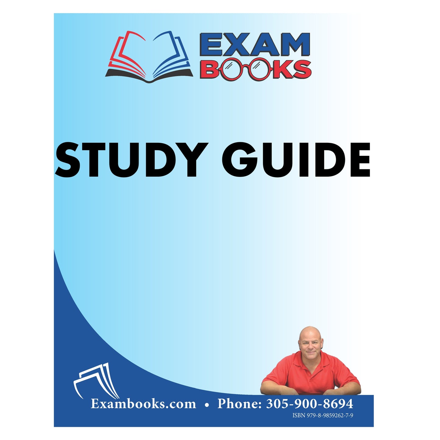 Cover of Gypsum Study Guide with bold text, exam books logo, and a man in red shirt on light blue background