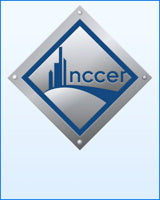 Silver and blue NCCER logo with building silhouettes inside a diamond shape on a light blue gradient background
