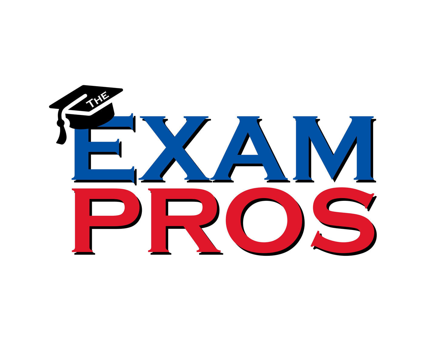 Logo for Exam Pros featuring the company name with a graduation cap on the letter E in blue and red text