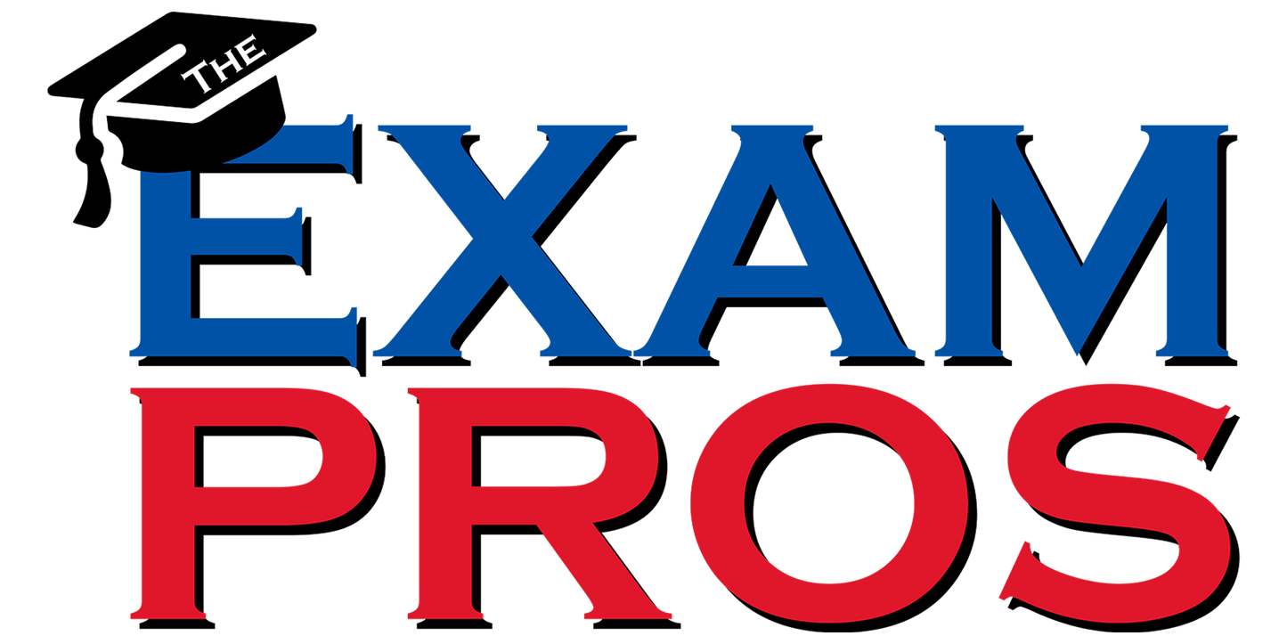 The Exam Pros logo with blue and red text and a black graduation cap on the letter E on a white background