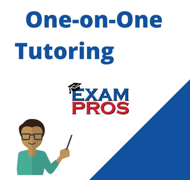 Graphic showing "One-on-One Tutoring" text with an illustrated tutor and Exam Pros logo on white and blue background