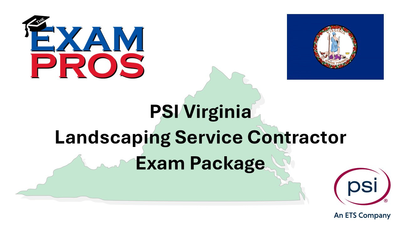 Virginia state outline with PSI Virginia Landscaping Service Contractor Exam Package text and logos on white background