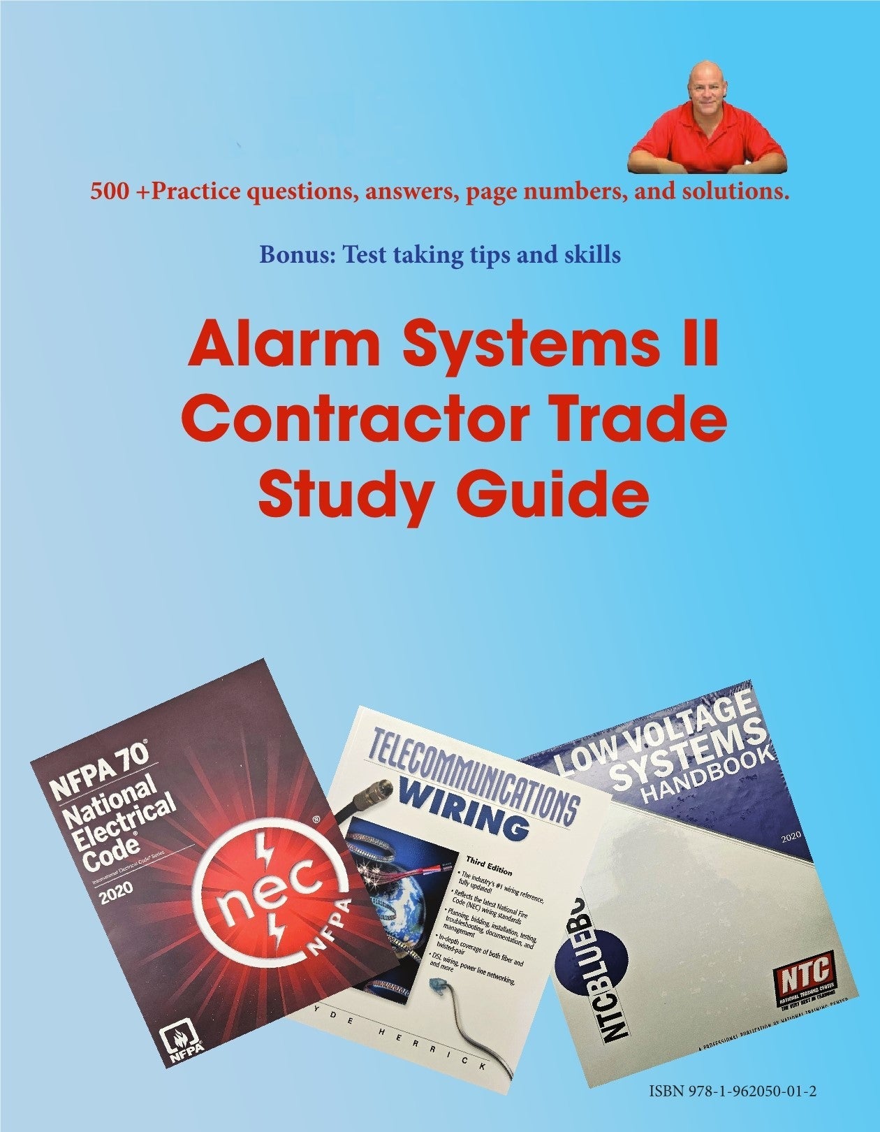 Front cover of Alarm Systems II Contractor Trade Study Guide with practice questions and reference books on blue background