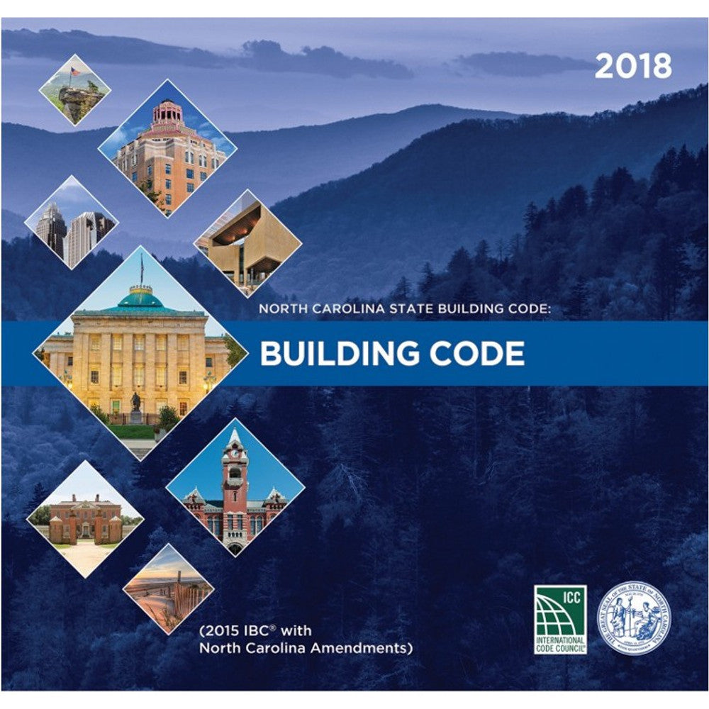 2018 North Carolina State Building Code cover featuring state landmarks with mountain backdrop and official seals