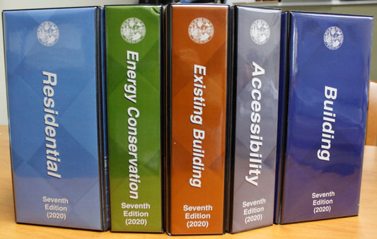 Set of five Florida building code books with titles including Residential, Energy Conservation, and Existing Building seventh edition 2020
