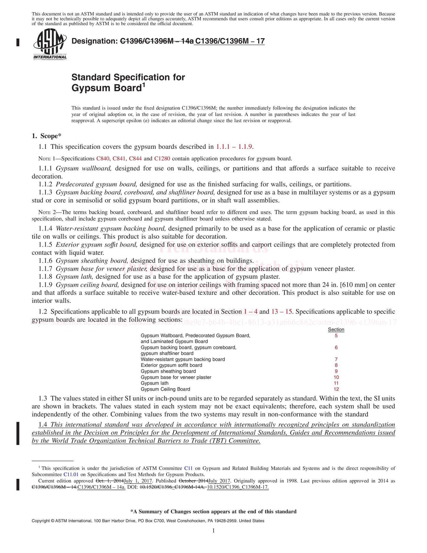 ASTM C1396-17 Standard Specification for Gypsum Board, 2017 with January 2022 update