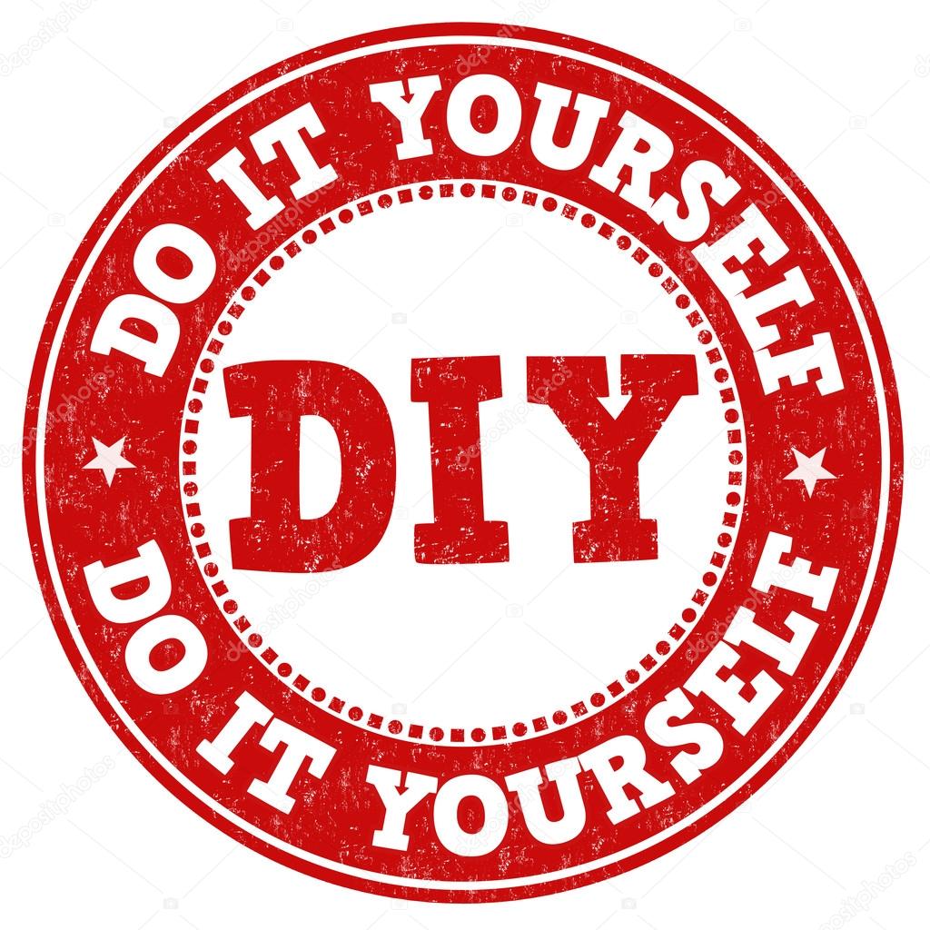Red distressed circular stamp featuring bold DIY letters in center and Do It Yourself text encircling it