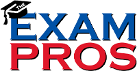Logo for The Exam Pros with graduation cap over bold blue and red text on white background