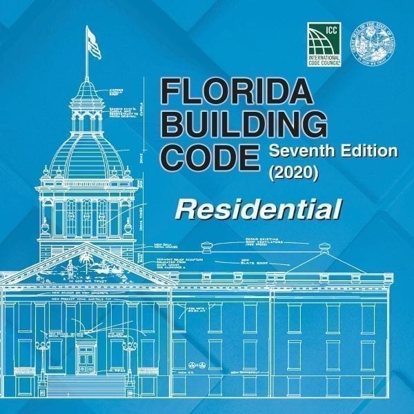 Cover of 2020 Florida Building Code Residential Seventh Edition with detailed architectural blueprint on blue background
