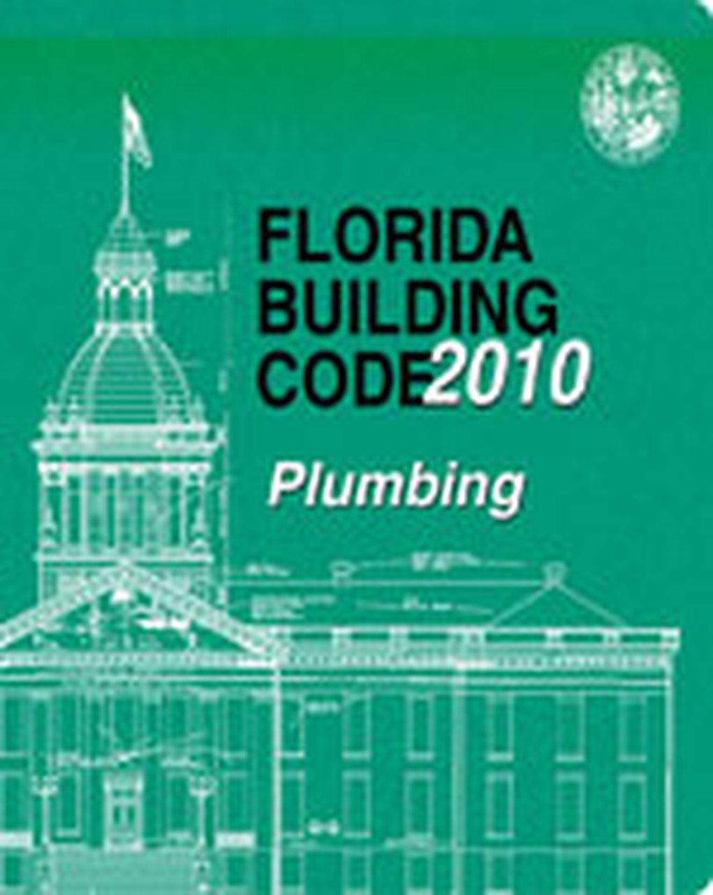 Green cover of 2010 Florida Building Code Plumbing book with architectural line drawing and state seal visible