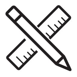 Black outlined icon of a pencil crossed with a ruler on a white background representing item customization options