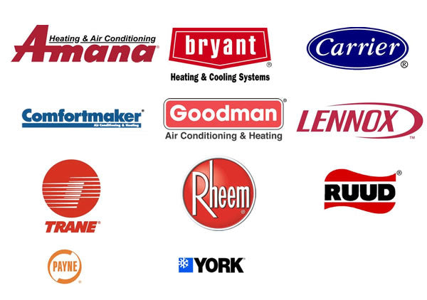 Collection of popular HVAC brand logos including Amana, Bryant, Carrier, Goodman, Lennox, Trane, Rheem, Ruud, Payne, Comfortmaker, and York