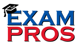 Logo for The Exam Pros featuring blue and red text with a black graduation cap on the letter E