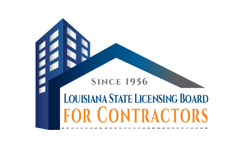 Logo of Louisiana State Licensing Board for Contractors featuring a building and roof outline in blue and orange colors