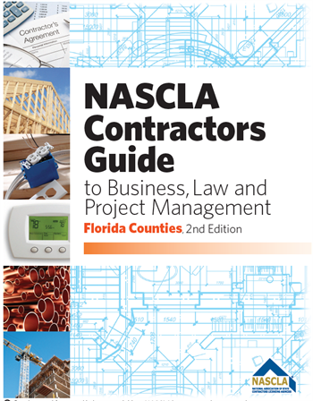 Cover of NASCLA Contractors Guide to Business, Law and Project Management Florida Counties 2nd Edition with construction and blueprint images