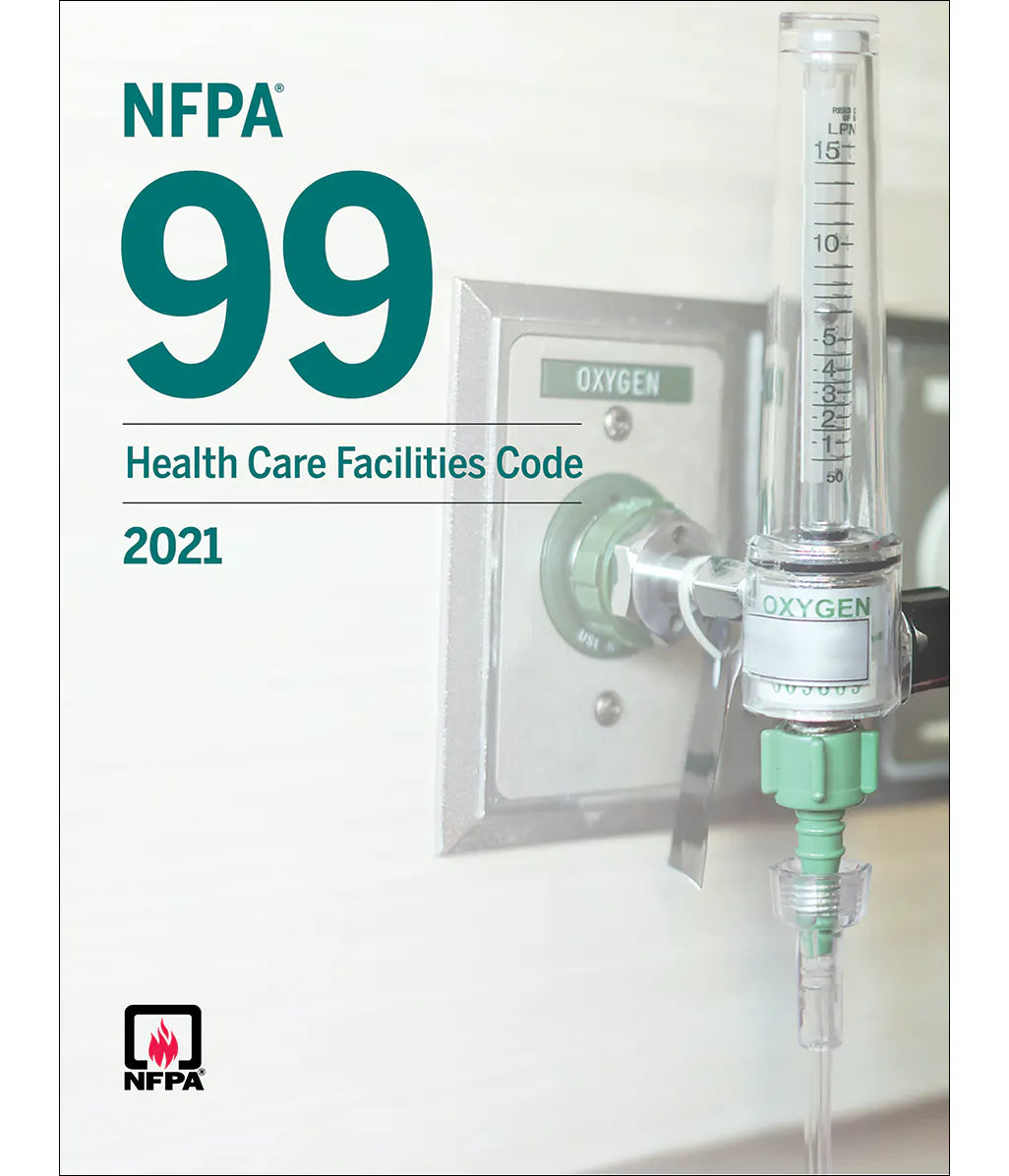 Cover of the NFPA 99 Health Care Facilities Code 2021 edition featuring oxygen supply equipment on a hospital wall