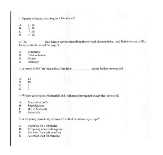 Partial view of a printed practice exam showing five multiple-choice questions on construction standards and permits