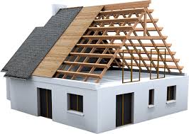 3D rendering of a house with partially constructed roof framing and dark gray shingle roofing installation