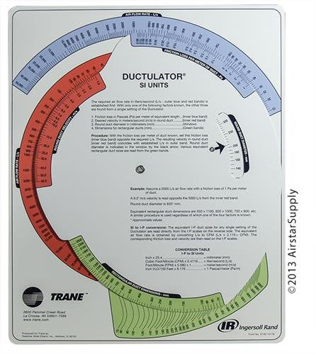 Circular Ductulator tool by Trane and Ingersoll Rand showing airflow and friction loss calculations in SI units