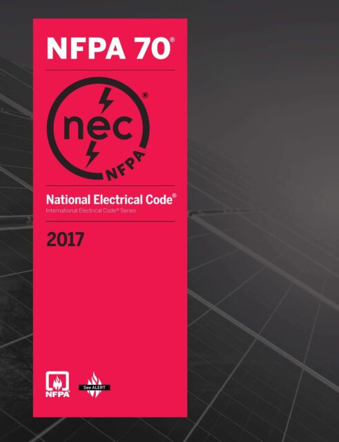 Vertical 2017 National Electrical Code NFPA 70 cover with red panel and black NEC symbol on dark gradient background