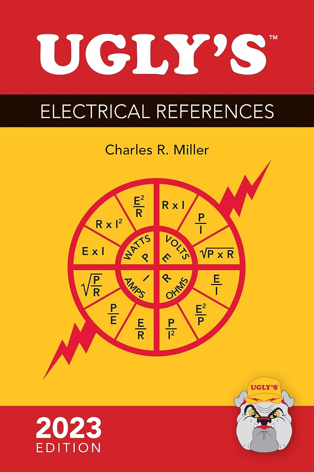 Cover of Ugly’s Electrical References 2023 Edition with electrical formulas and bulldog mascot on yellow and red background