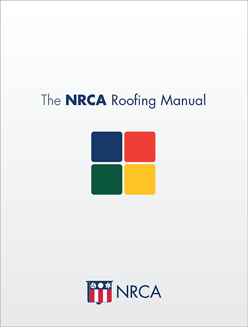 Front cover of the 2023 NRCA Roofing Manual boxed set with multicolor square logo and NRCA shield emblem on white background
