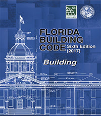 Cover of Florida Building Code Sixth Edition 2017 with blue architectural drawings and official seals on front
