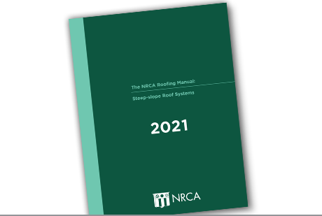 Cover of the 2021 NRCA Roofing Manual for steep-slope roof systems with dark green and teal design and NRCA logo