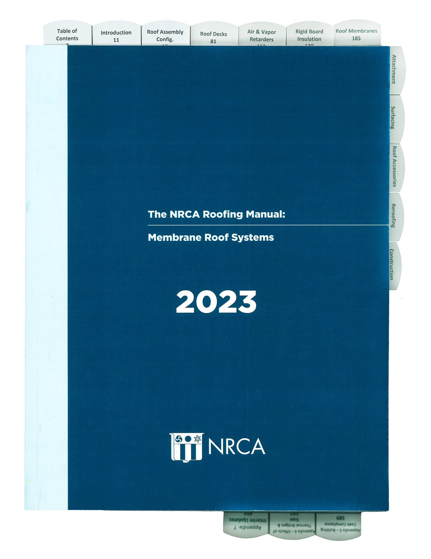 Front cover of 2023 NRCA manual on membrane roof systems with blue background and white text and tabs visible