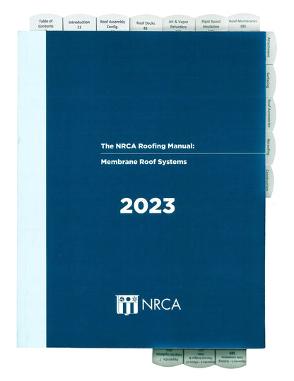 Front cover of 2023 NRCA manual on membrane roof systems with blue background and white text and tabs visible