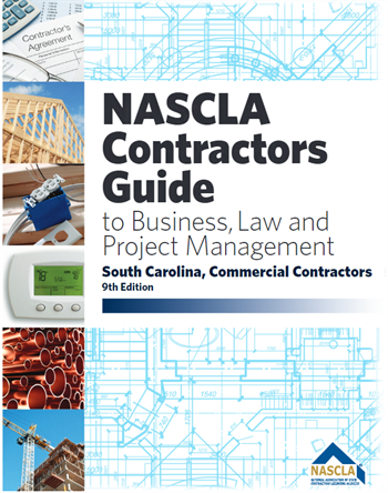 Cover of NASCLA Contractors Guide 9th Edition for South Carolina commercial contractors with blueprint background and construction images