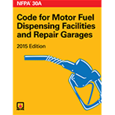 Cover of NFPA 30A 2015 edition detailing code for motor fuel dispensing facilities and vehicle repair garages with yellow and red design