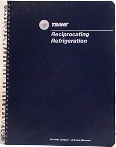 Cover of a Trane Reciprocating Refrigeration manual with spiral binding and dark blue front cover