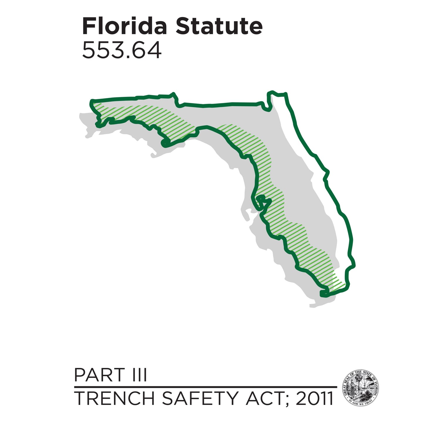 Outline and shaded map of Florida with text for Statute 553.64 Part III Trench Safety Act 2011 and state seal