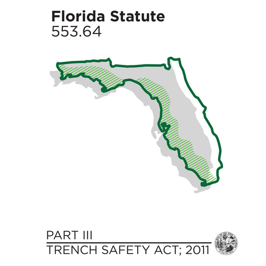 Outline and shaded map of Florida with text for Statute 553.64 Part III Trench Safety Act 2011 and state seal