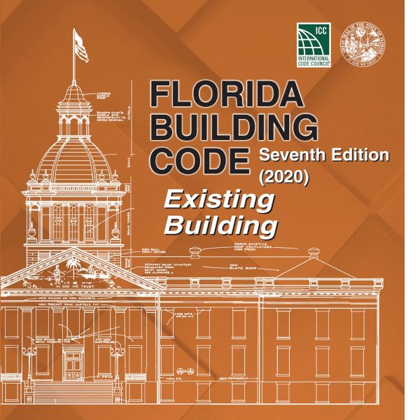 Cover of 2020 Florida Building Code Existing Building Seventh Edition with architectural blueprint on brown background