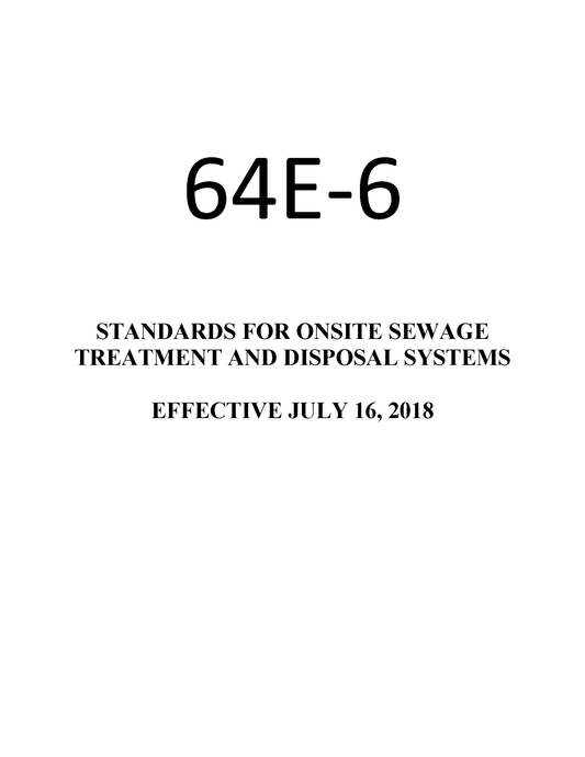 Title page of 64E-6 Florida code detailing standards for onsite sewage treatment and disposal systems, effective 2018