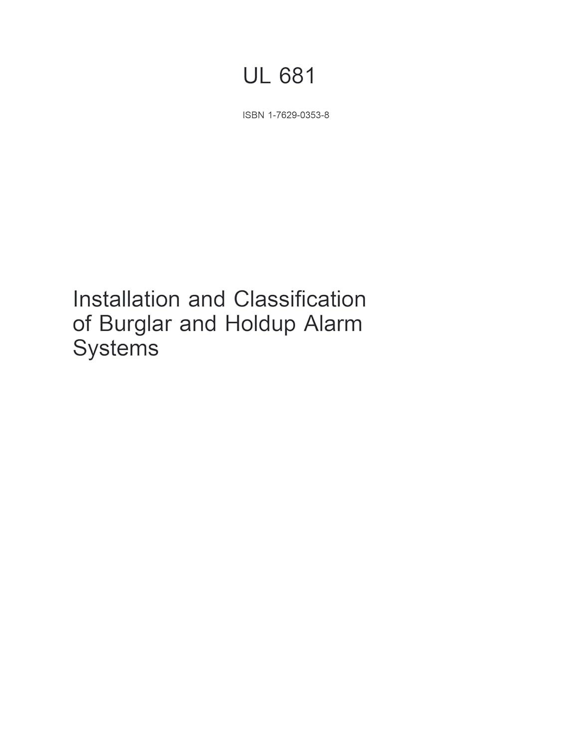 White cover page of UL 681 manual detailing installation and classification of burglar and holdup alarm systems
