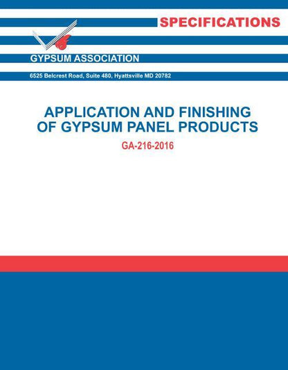 Cover of GA-216-2018 specification for application and finishing of gypsum panel products by Gypsum Association