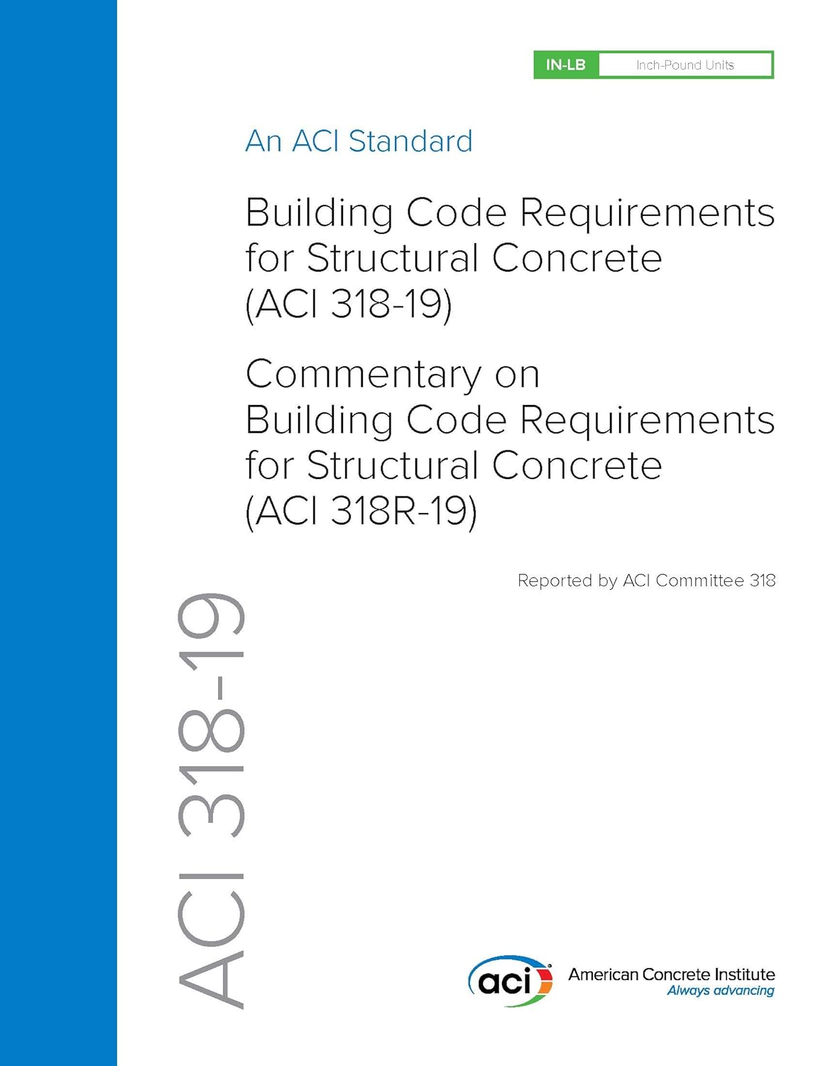 Cover of ACI 318-19 manual with standards and commentary on building code requirements for structural concrete